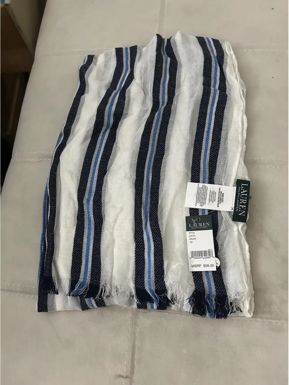 NWT Lauren Ralph Lauren white, black, and blue striped fringe scarf